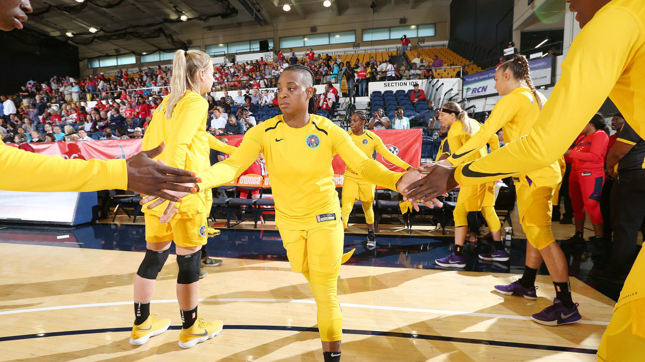 WASHINGTON, DC - AUGUST 23: guard Riquna Williams #2 of the Los Angeles Sparks makes her entrance before the game against the Washington Mystics in Round Two of the 2018 WNBA Playoffs on August 23, 2018 at George Washington University in Washington, DC. Mandatory Copyright Notice: Copyright 2018 NBAE