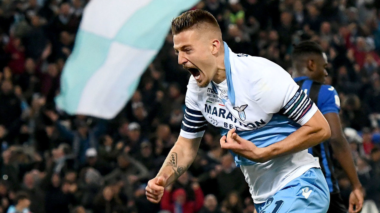 Lazio's Serbian midfielder Sergej Milinkovic-Savic celebrates after scoring a goal during the Italian Tim Cup final match between Lazio and Atalanta, on May 15, 2019 at the Olympic Stadium in Rome.