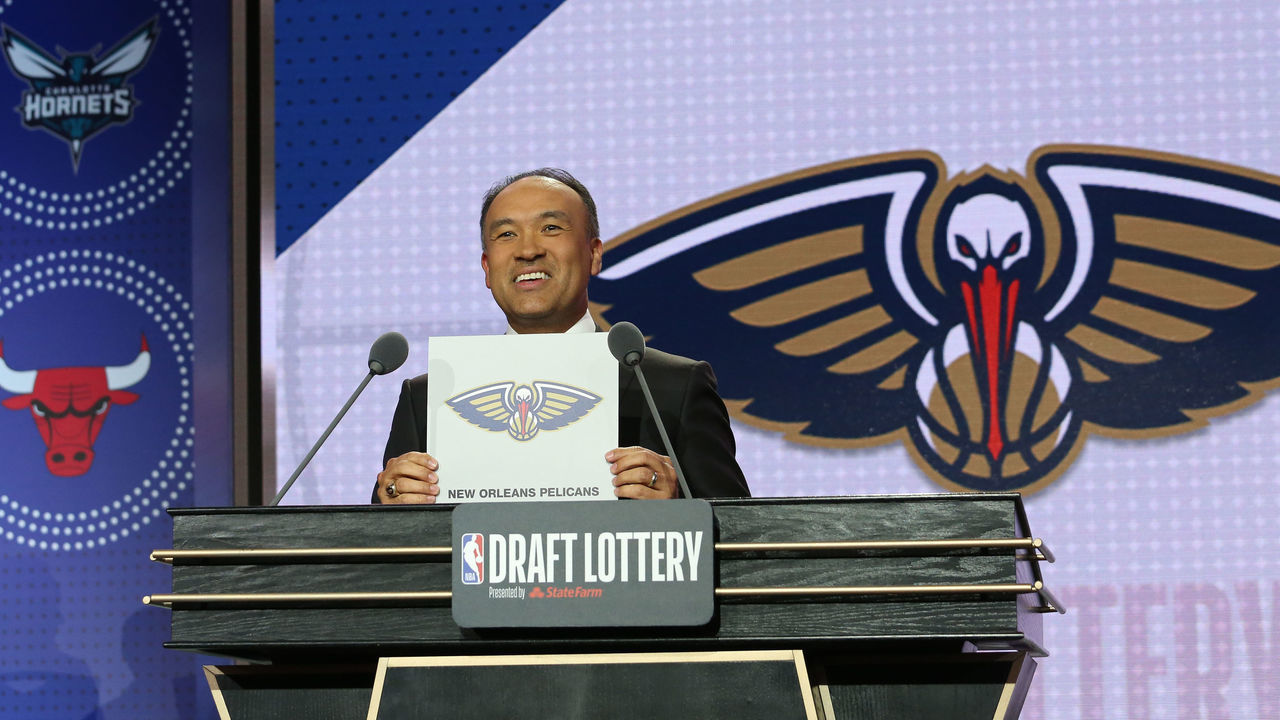 CHICAGO, IL - MAY 14: Deputy Commissioner of the NBA, Mark Tatum, holds up the card for the New Orleans Pelicans after they get the 1st overall pick in the NBA Draft during the 2019 NBA Draft Lottery on May 14, 2019 at the Chicago Hilton in Chicago, Illinois. NOTE TO USER: User expressly acknowledges and agrees that, by downloading and/or using this photograph, user is consenting to the terms and conditions of the Getty Images License Agreement. Mandatory Copyright Notice: Copyright 2019 NBAE