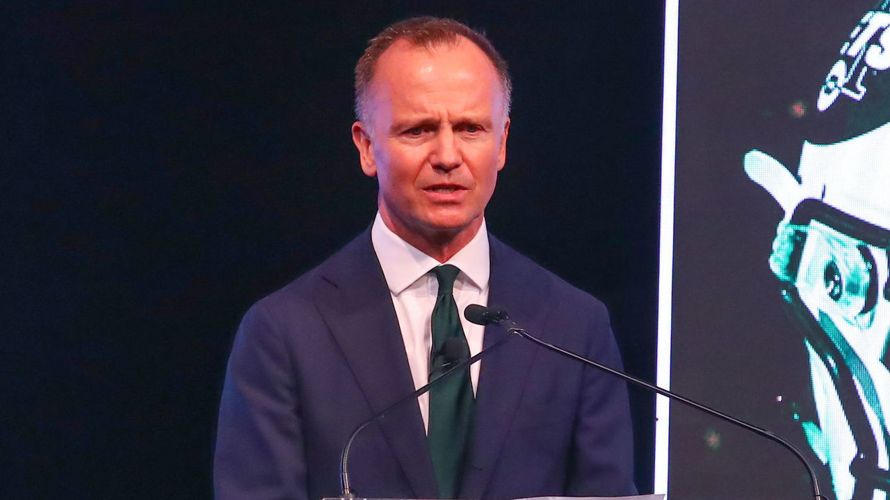 NEW YORK, NY - APRIL 04: New York Jets Chairman and CEO Christopher Johnson speaks at the New York Jets New Uniform Unveiling on April 4, 2019 at Gotham Hall in New York, NY.