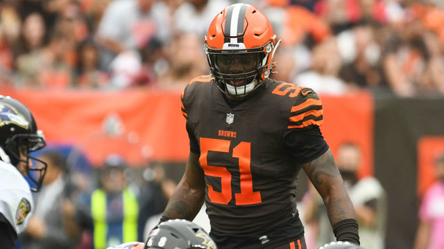 CLEVELAND, OH - OCTOBER 7, 2018: Outside linebacker Jamie Collins #51 of the Cleveland Browns awaits the snap in the second quarter of a game against the Baltimore Ravens on October 7, 2018 at FirstEnergy Stadium in Cleveland, Ohio. Cleveland won 12-9 in overtime. (Photo by: 2018 Nick Cammett/Diamond Images/Getty Images)