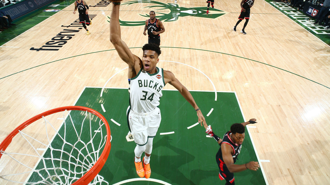 MILWAUKEE, WI - MAY 15: Giannis Antetokounmpo #34 of the Milwaukee Bucks dunks the ball against the Toronto Raptors during Game One of the Eastern Conference Finals of the 2019 NBA Playoffs on May 15, 2019 at the Fiserv Forum Center in Milwaukee, Wisconsin. Mandatory Copyright Notice: Copyright 2019 NBAE .