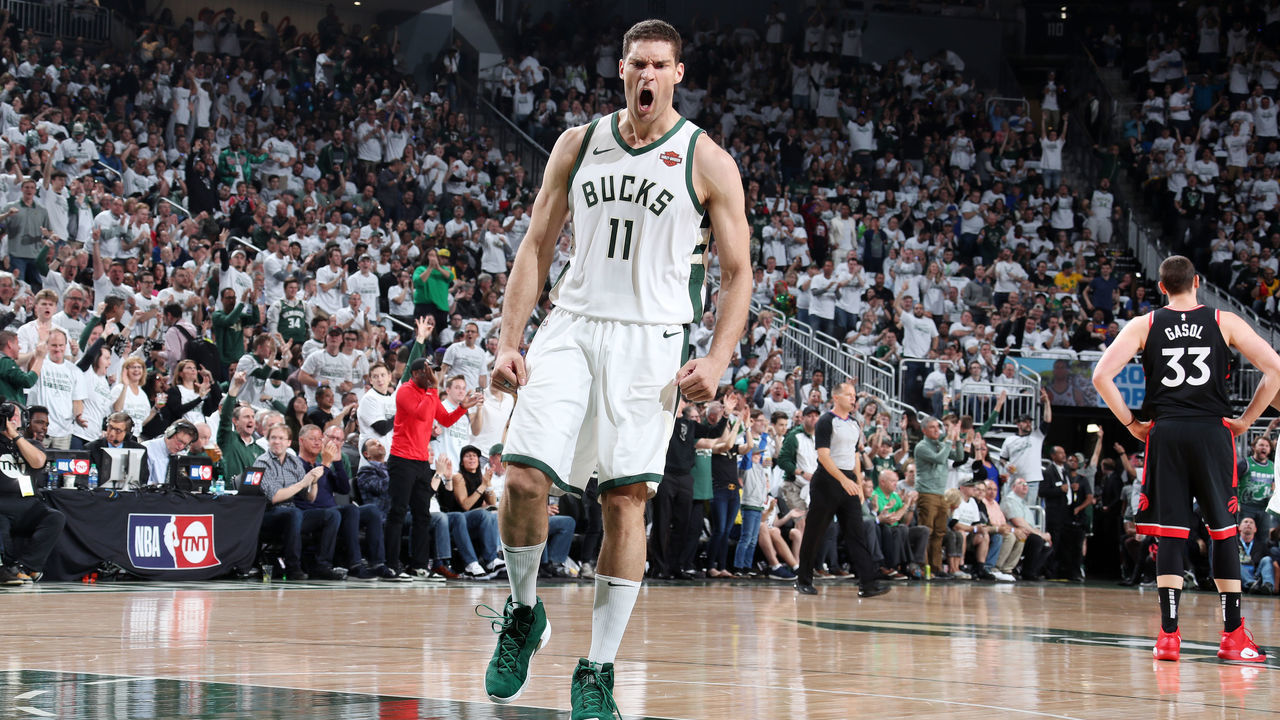 MILWAUKEE, WI - MAY 15: Brook Lopez #11 of the Milwaukee Bucks handles the ball against the Toronto Raptors during Game One of the Eastern Conference Finals of the 2019 NBA Playoffs on May 15, 2019 at the Fiserv Forum Center in Milwaukee, Wisconsin. Mandatory Copyright Notice: Copyright 2019 NBAE .