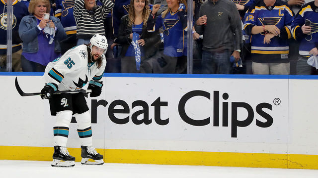 ST LOUIS, MISSOURI - MAY 15: Erik Karlsson #65 of the San Jose Sharks looks on against the St. Louis Blues during the third period in Game Three of the Western Conference Finals during the 2019 NHL Stanley Cup Playoffs at Enterprise Center on May 15, 2019 in St Louis, Missouri.