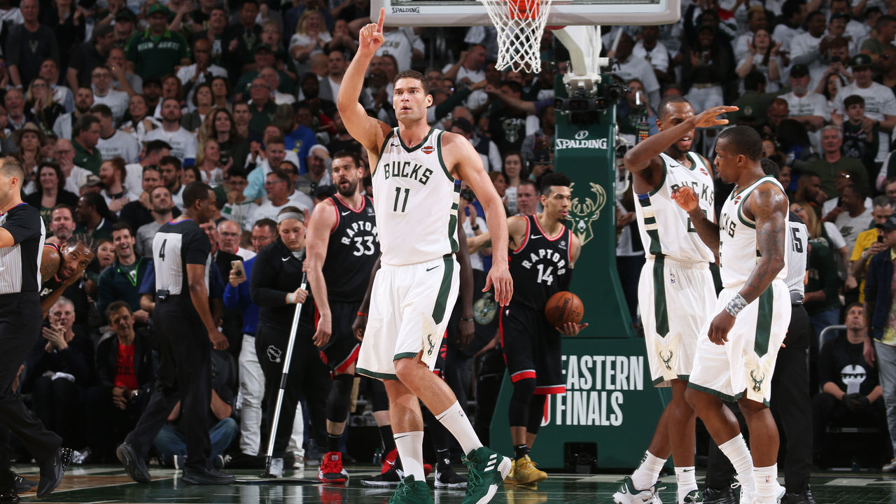MILWAUKEE, WI - MAY 15: Brook Lopez #11 of the Milwaukee Bucks reacts during a game against the Toronto Raptors during Game One of the Eastern Conference Finals of the 2019 NBA Playoffs on May 15, 2019 at the Fiserv Forum Center in Milwaukee, Wisconsin. Mandatory Copyright Notice: Copyright 2019 NBAE .