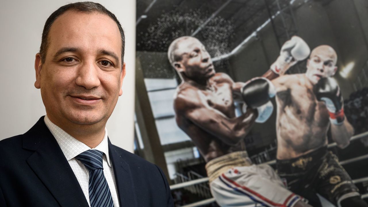 International Boxing Federation AIBA interim president, Morocco's Mohamed Moustahsane poses during an interview with AFP on April 12, 2019 in Lausanne. - Moustahsane, who succeeded the controversial Gafur Rakhimov, said he was "confident" just weeks ahead of the International Olympic Committee's decision on whether his federation should be present at the Tokyo-2020 Olympics.