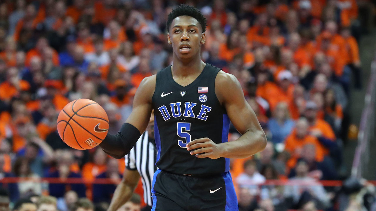 SYRACUSE, NY - FEBRUARY 23: RJ Barrett #5 of the Duke Blue Devils dribbles up the court against the Syracuse Orange during the first half at the Carrier Dome on February 23, 2019 in Syracuse, New York. Duke defeated Syracuse 75-65.