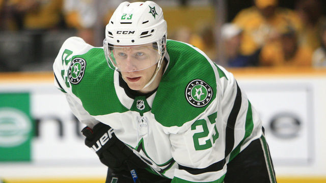 NASHVILLE, TN - APRIL 10: Dallas Stars defenseman Esa Lindell (23) is shown during Game One of Round One of the Stanley Cup Playoffs between the Nashville Predators and Dallas Stars, held on April 10, 2019, at Bridgestone Arena in Nashville, Tennessee.