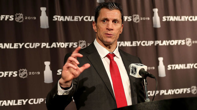 RALEIGH, NC - MAY 03: Rod Brind'Amour head coach of the Carolina Hurricanes addresses the media after defeating the New York Islanders in Game Four of the Eastern Conference Second Round during the 2019 NHL Stanley Cup Playoffs on May 3, 2019 at PNC Arena in Raleigh, North Carolina.
