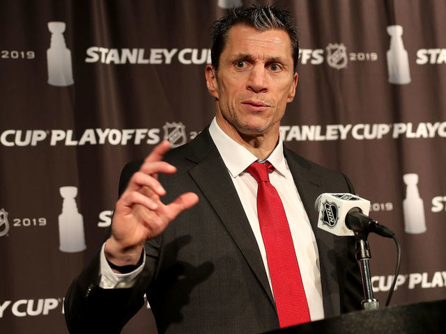 RALEIGH, NC - MAY 03: Rod Brind'Amour head coach of the Carolina Hurricanes addresses the media after defeating the New York Islanders in Game Four of the Eastern Conference Second Round during the 2019 NHL Stanley Cup Playoffs on May 3, 2019 at PNC Arena in Raleigh, North Carolina.