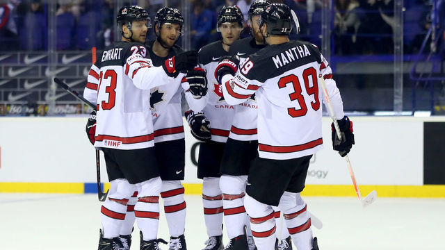 KOSICE, SLOVAKIA - MAY 13: Anthony Mantha #39 of Canada celebrate with his team mates their 2nd goal during the 2019 IIHF Ice Hockey World Championship Slovakia group A game between Slovakia and Canada at Steel Arena on May 13, 2019 in Kosice, Slovakia.