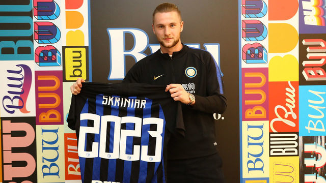 COMO, ITALY - MAY 16: Milan Skriniar signs a contract extension with FC Internazionale at the club's training ground Suning Training Center in memory of Angelo Moratti on May 16, 2019 in Milan, Italy.