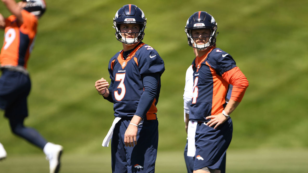 ENGLEWOOD, CO - MAY 13: Denver Broncos quarterback Drew Lock #3 and quarterback Brett Rypien #4 at UCHealth Training Center on May 13, 2019 in Englewood, Colorado.