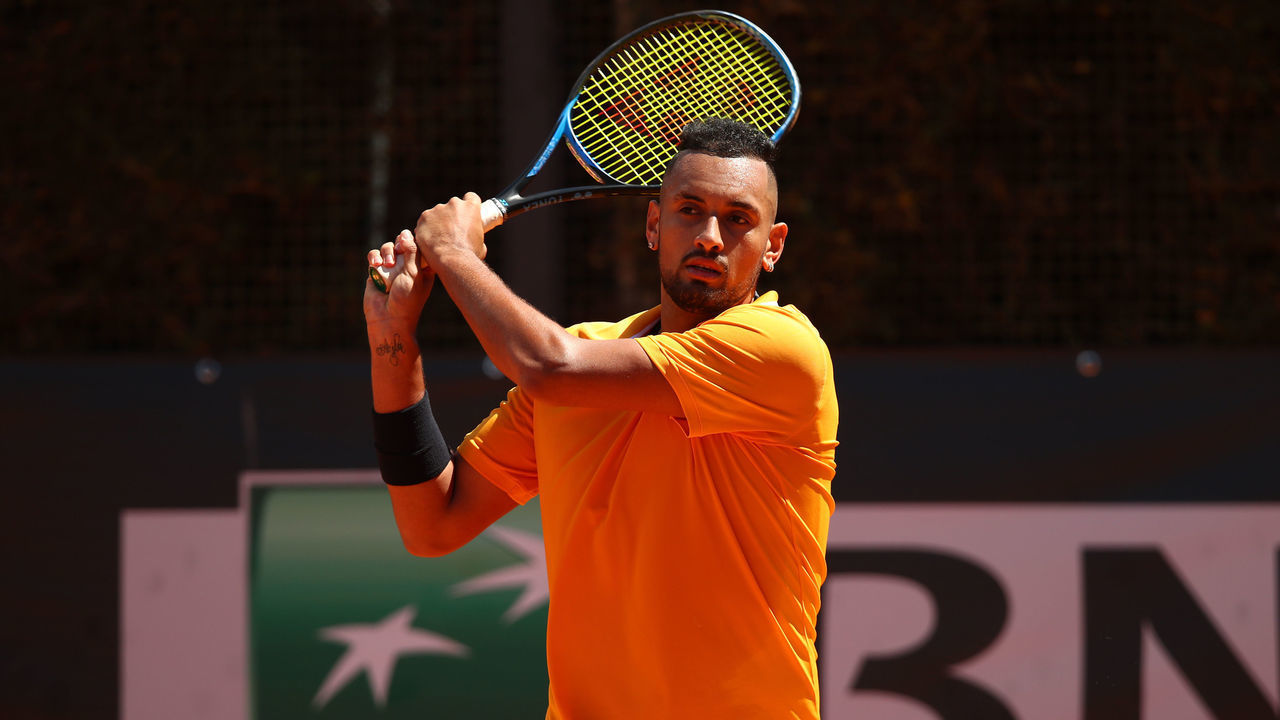 ROME, ITALY - MAY 16: Nick Kyrgios of Australia plays a backhand against Casper Rudd of Norway in their Mens Singles Round of 32 Match during Day Five of the International BNL d'Italia at Foro Italico on May 16, 2019 in Rome, Italy.