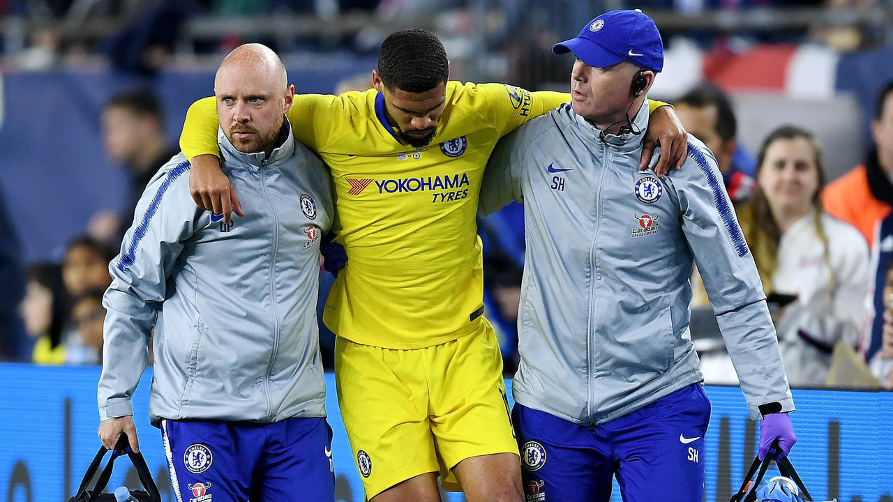 FOXBOROUGH, MASSACHUSETTS - MAY 15: Ruben Loftus-Cheek of Chelsea is helped off the pitch by medical staff during the Friendly Match match between New England Revolution and Chelsea at Gillette Stadium on May 15, 2019 in Foxborough, Massachusetts.