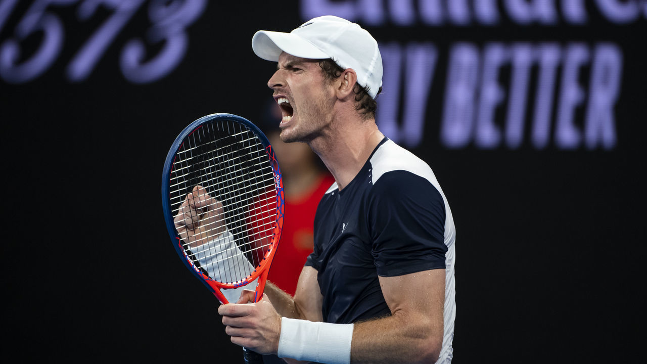 MELBOURNE, AUSTRALIA - JANUARY 14: Andy Murray of Great Britain celebrates in his first round match against Roberto Bautista Agut of Spain during day one of the 2019 Australian Open at Melbourne Park on January 14, 2019 in Melbourne, Australia.