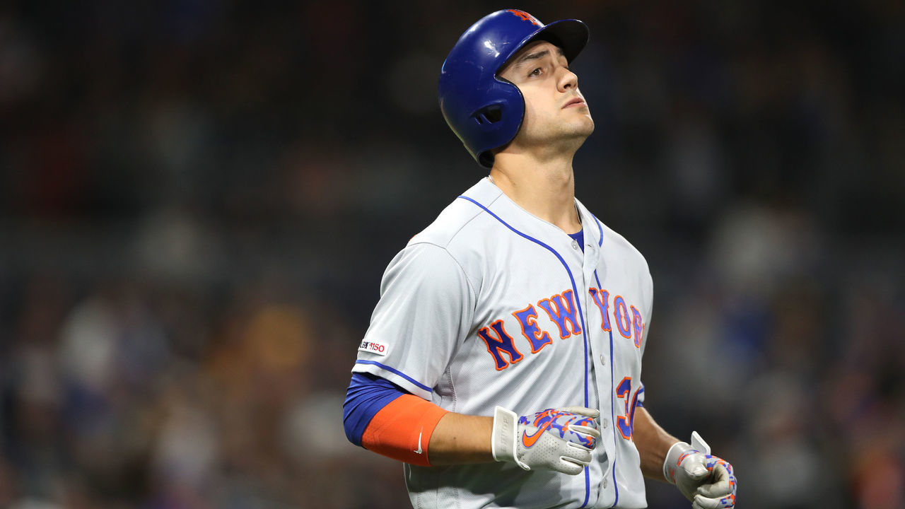 SAN DIEGO, CALIFORNIA - MAY 07: Michael Conforto #30 of the New York Mets reacts after hitting a sacrifice fly during the seventh inning of a game against the San Diego Padres at PETCO Park on May 07, 2019 in San Diego, California.