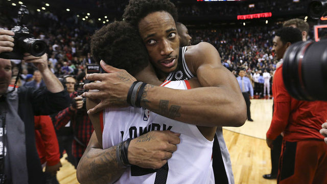 TORONTO, ON - February 22: San Antonio Spurs guard DeMar DeRozan (10) and Kyle Lowry (7). The Toronto Raptors beat the San Antonio Spurs 118-117 in NBA basketball action at the Scotiabank arena in Toronto. The game marks the first time former Raptor star DeMar DeRozan was back playing in Toronto since his trade. (Richard Lautens/Toronto Star via Getty Images)