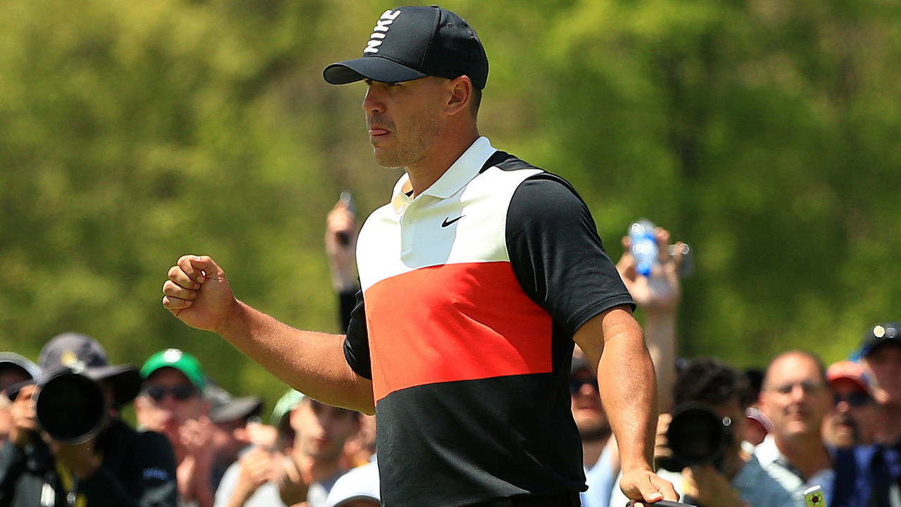 FARMINGDALE, NEW YORK - MAY 16: Brooks Koepka of the United States reacts on the ninth green during the first round of the 2019 PGA Championship at the Bethpage Black course on May 16, 2019 in Farmingdale, New York.