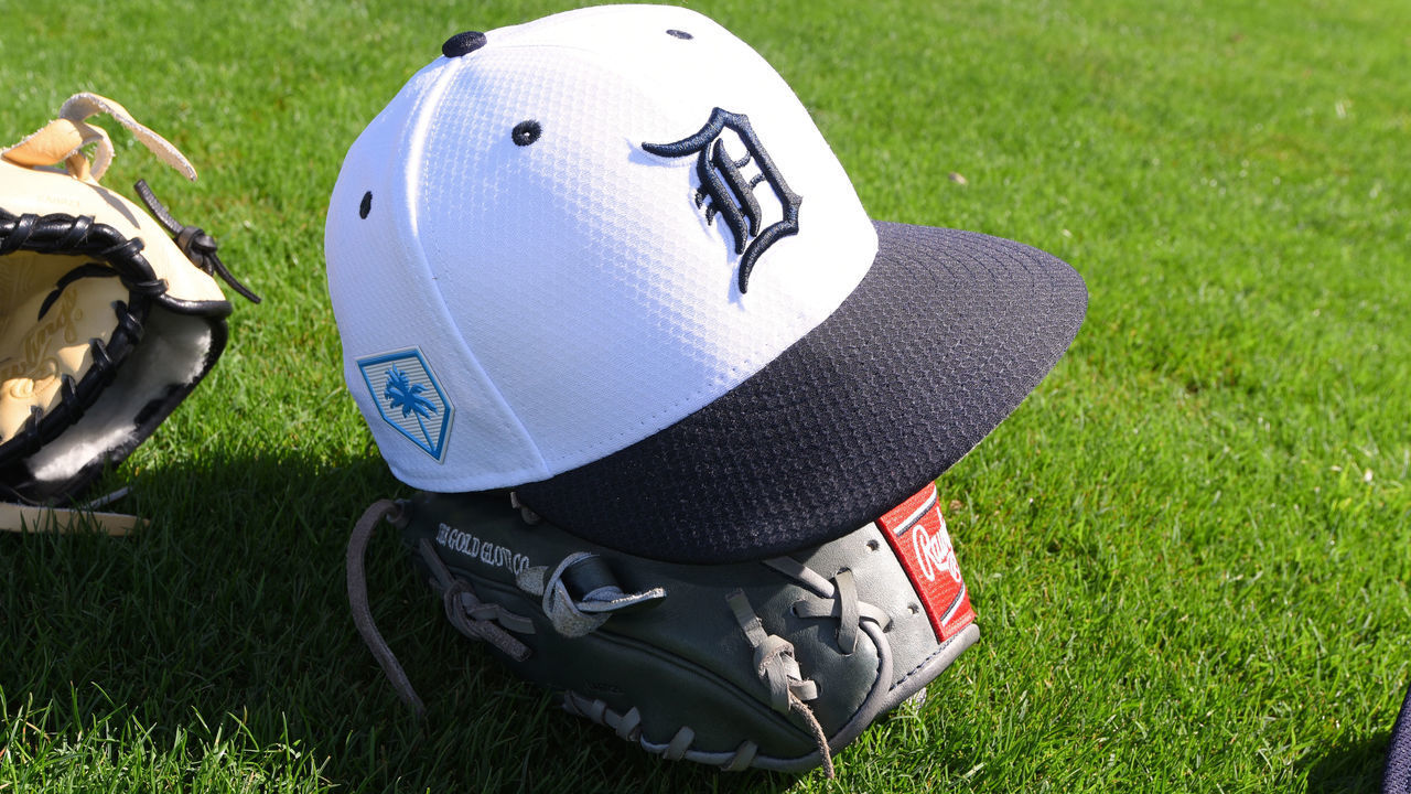 LAKELAND, FL - FEBRUARY 14: A detailed view of a Detroit Tigers Spring Training hat during workouts at the TigerTown Complex on February 14, 2019 in Lakeland, Florida.
