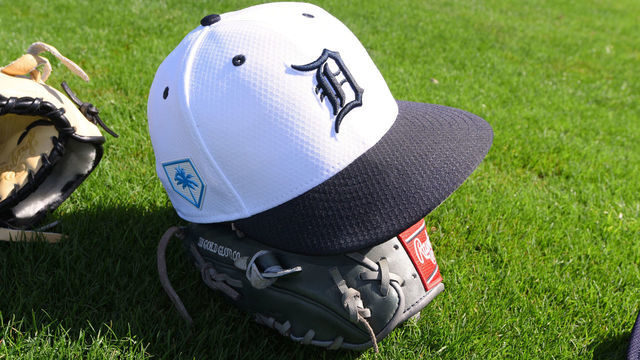 LAKELAND, FL - FEBRUARY 14: A detailed view of a Detroit Tigers Spring Training hat during workouts at the TigerTown Complex on February 14, 2019 in Lakeland, Florida.