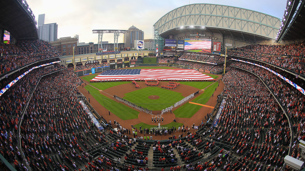 HOUSTON, TEXAS - APRIL 05: An overhead view of Minute Maid Park on opening day as the Oakland Athletics played the Houston Astros on April 05, 2019 in Houston, Texas.