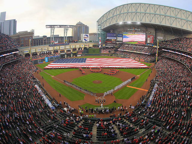 HOUSTON, TEXAS - APRIL 05: An overhead view of Minute Maid Park on opening day as the Oakland Athletics played the Houston Astros on April 05, 2019 in Houston, Texas.