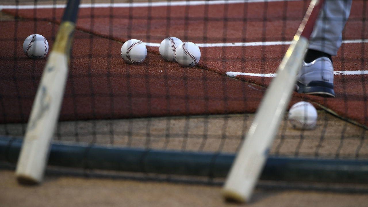 ANAHEIM, CA - APRIL 18: View of the batting cage before the Seattle Mariners played the Los Angeles Angels of Anaheim at Angel Stadium of Anaheim on April 18, 2019 in Anaheim, California.