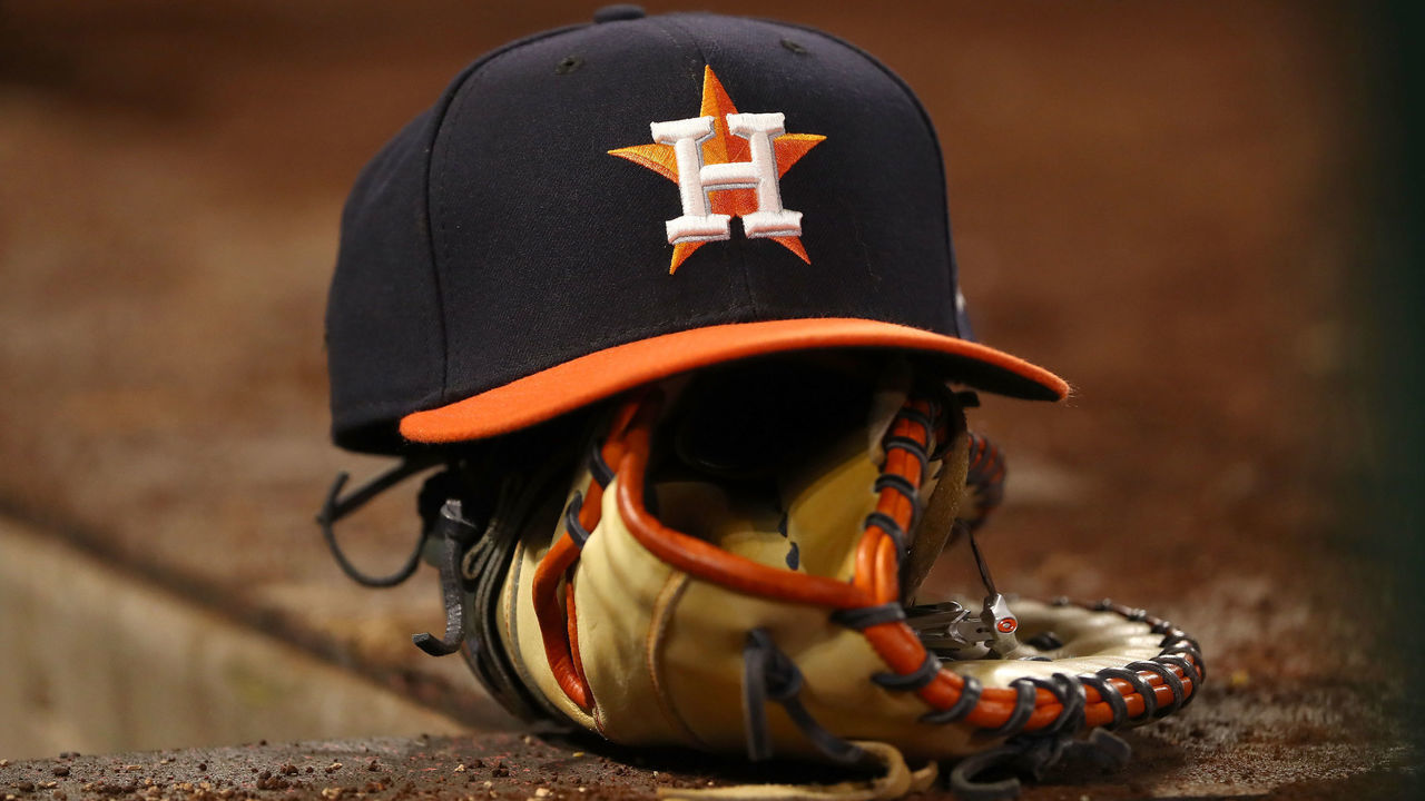 ANAHEIM, CA - JULY 20: A detailed view of a Houston Astros hat is seen in the Houston Astros dugout during the ninth inning of the MLB game between the Houston Astros and the Los Angeles Angels of Anaheim at Angel Stadium on July 20, 2018 in Anaheim, California. The Astros defeated the Angels 3-1.