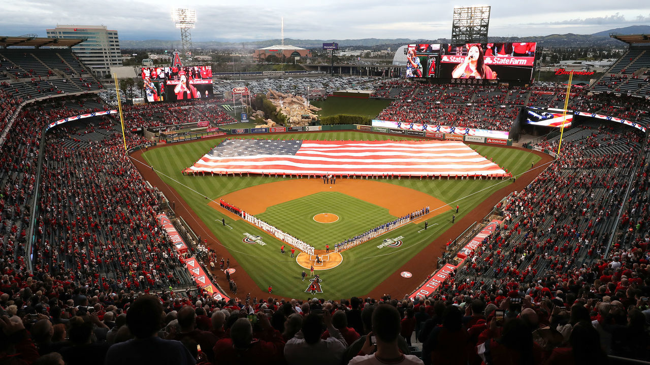 ANAHEIM, CALIFORNIA - APRIL 04: A general view of the national anthem prior to the home opener between the Los Angeles Angels of Anaheim and the Texas Rangers at Angel Stadium of Anaheim on April 04, 2019 in Anaheim, California.