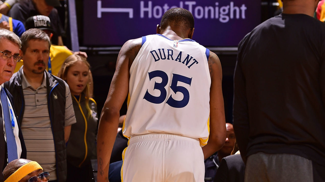OAKLAND, CA - MAY 8: Kevin Durant #35 of the Golden State Warriors exits the court during Game Five of the Western Conference Semifinals of the 2019 NBA Playoffs on May 8, 2019 at ORACLE Arena in Oakland, California. NOTE TO USER: User expressly acknowledges and agrees that, by downloading and/or using this photograph, user is consenting to the terms and conditions of Getty Images License Agreement. Mandatory Copyright Notice: Copyright 2019 NBAE