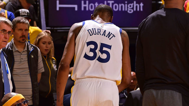 OAKLAND, CA - MAY 8: Kevin Durant #35 of the Golden State Warriors exits the court during Game Five of the Western Conference Semifinals of the 2019 NBA Playoffs on May 8, 2019 at ORACLE Arena in Oakland, California. NOTE TO USER: User expressly acknowledges and agrees that, by downloading and/or using this photograph, user is consenting to the terms and conditions of Getty Images License Agreement. Mandatory Copyright Notice: Copyright 2019 NBAE