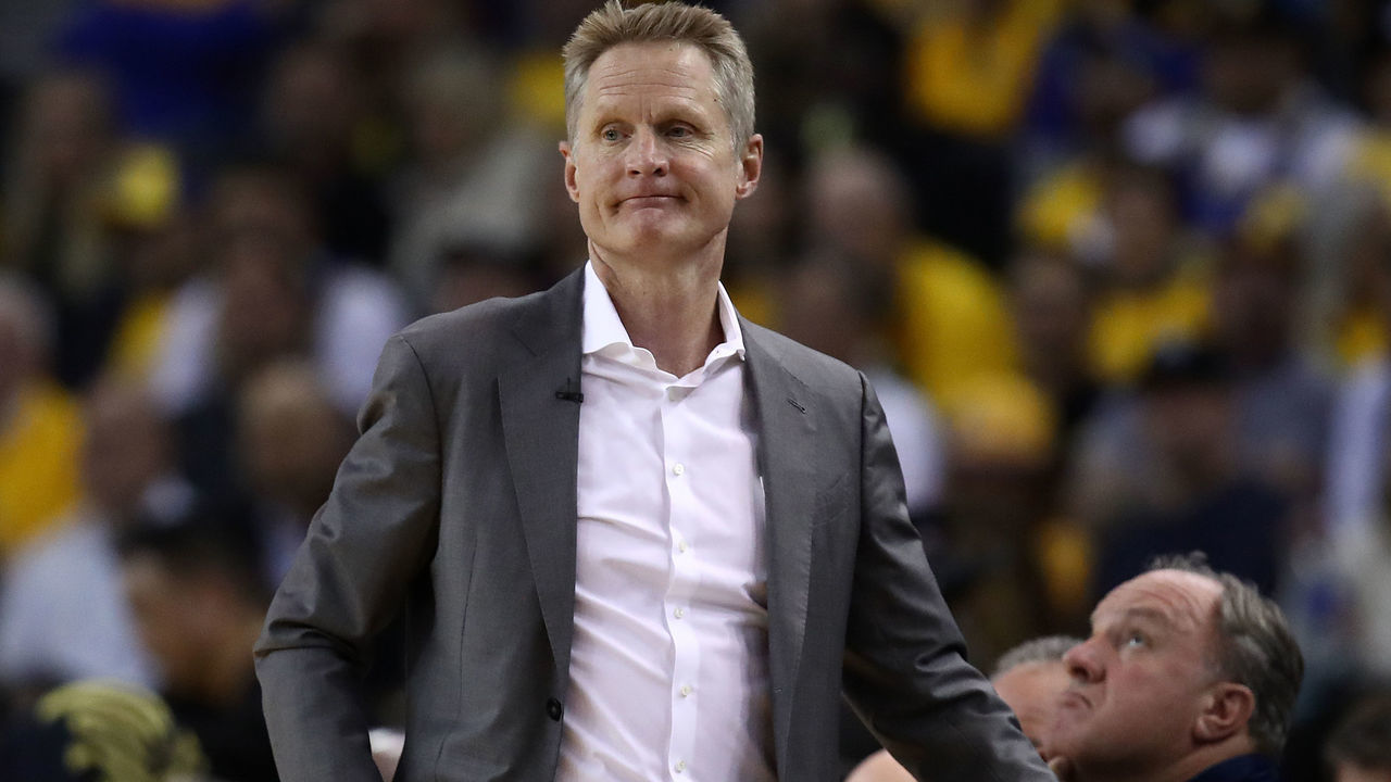 OAKLAND, CALIFORNIA - MAY 16: Steve Kerr of the Golden State Warriors looks on in game two of the NBA Western Conference Finals against the Portland Trail Blazers at ORACLE Arena on May 16, 2019 in Oakland, California.