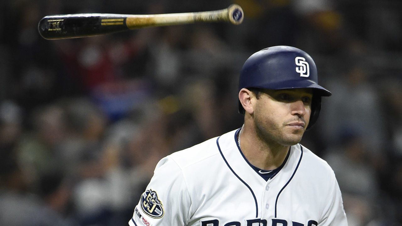 SAN DIEGO, CA - MAY 16: Ian Kinsler #3 of the San Diego Padres tosses hit bat after hitting a three-run home run during the sixth inning of a baseball game against the Pittsburgh Pirates at Petco Park May 16, 2019 in San Diego, California.