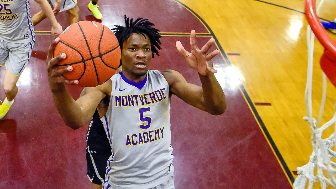 MIDDLE VILLAGE, NEW YORK - APRIL 05: Precious Achiuwa #5 of Montverde Academy attempts a shot against IMG Academy in the semifinal of the GEICO High School National Tournament at Christ the King High School on April 05, 2019 in Middle Village, New York.