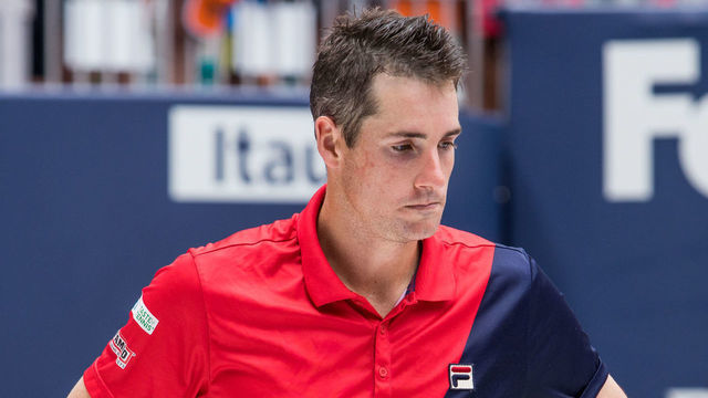 MIAMI GARDENS, FL - MARCH 31: John Isner (USA) during the trophy ceremony for the Mens Final of the Miami Open on March 31, 2019 at Hard Rock Stadium in Miami Gardens, FL.