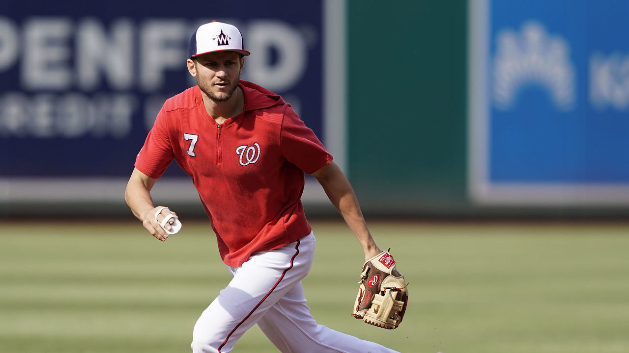 WASHINGTON, DC - APRIL 17: Trea Turner #7 of the Washington Nationals in action during batting practice before a game against the San Francisco Giants at Nationals Park on April 17, 2019 in Washington, DC.