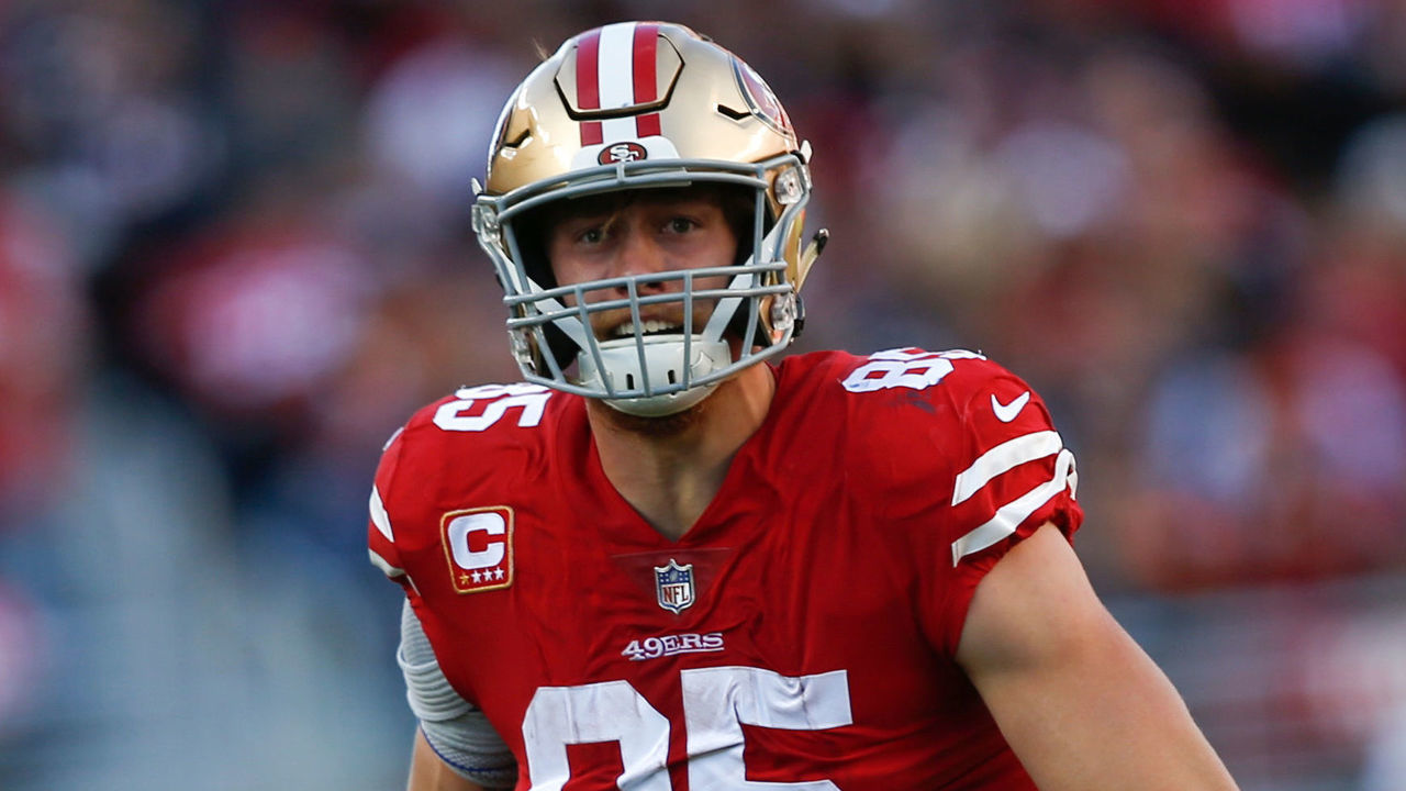 SANTA CLARA, CA - DECEMBER 23: George Kittle #85 of the San Francisco 49ers celebrates after making a reception during the game against the Chicago Bears at Levi's Stadium on December 23, 2018 in Santa Clara, California. The Bears defeated the 49ers 14-9.