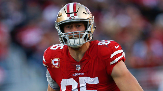 SANTA CLARA, CA - DECEMBER 23: George Kittle #85 of the San Francisco 49ers celebrates after making a reception during the game against the Chicago Bears at Levi's Stadium on December 23, 2018 in Santa Clara, California. The Bears defeated the 49ers 14-9.