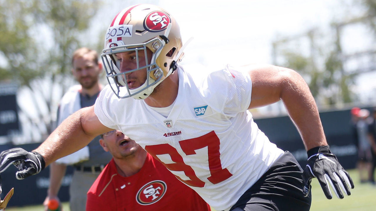 SANTA CLARA, CA - OCTOBER 21: Nick Bosa #97 of the San Francisco 49ers goes through drills during the 49ers Rookie Camp at the SAP Performance Facility on May 3, 2019 in Santa Clara, California.