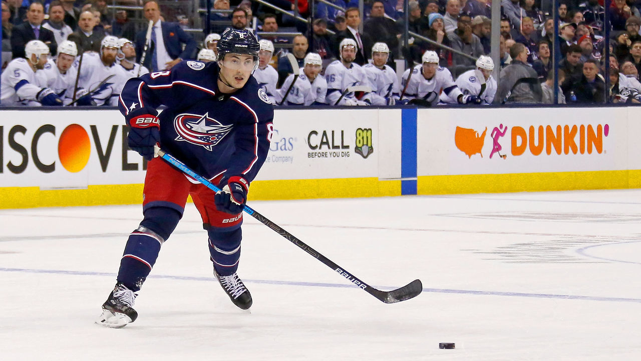 COLUMBUS, OH - FEBRUARY 18: Zach Werenski #8 of the Columbus Blue Jackets passes the puck during the game against the Tampa Bay Lightning on February 18, 2019 at Nationwide Arena in Columbus, Ohio.