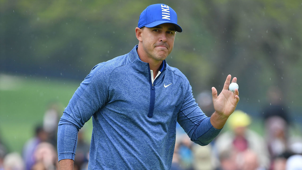 FARMINGDALE, NEW YORK - MAY 17: Brooks Koepka of the United States reacts to his birdie putt on the first green during the second round of the 2019 PGA Championship at the Bethpage Black course on May 17, 2019 in Farmingdale, New York.