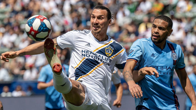 CARSON, CA - MAY 11: Zlatan Ibrahimovic #9 of Los Angeles Galaxy battles Alexander Callens #6 of New York City during the Los Angeles Galaxy's MLS match against New York City FC at the Dignity Health Sports Park on May 11, 2019 in Carson, California. NYCFC won the match 2-0