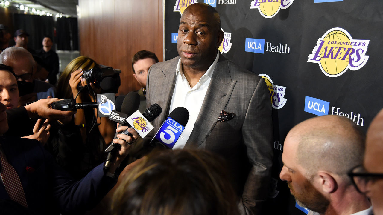 LOS ANGELES, CA - APRIL 9: Earvin "Magic" Johnson speaks with the media before the game between the Los Angeles Lakers and Portland Trail Blazers on April 9, 2019 at STAPLES Center in Los Angeles, California. NOTE TO USER: User expressly acknowledges and agrees that, by downloading and/or using this Photograph, user is consenting to the terms and conditions of the Getty Images License Agreement. Mandatory Copyright Notice: Copyright 2019 NBAE