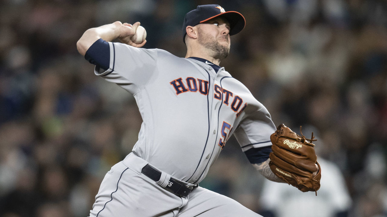 SEATTLE, WA - APRIL 13: Reliever Ryan Pressly #55 of the Houston Astros delivers a pitch during the eighth inning of a game against the Seattle Mariners at T-Mobile Park on April 13, 2019 in Seattle, Washington. The Astros won 3-1.