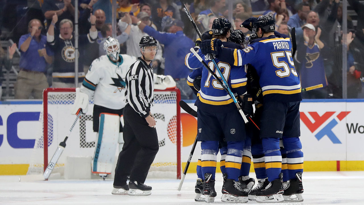 ST LOUIS, MISSOURI - MAY 17: Ivan Barbashev #49 of the St. Louis Blues celebrates with his teammates after scoring a goal on Martin Jones #31 of the San Jose Sharks during the first period in Game Four of the Western Conference Finals during the 2019 NHL Stanley Cup Playoffs at Enterprise Center on May 17, 2019 in St Louis, Missouri.
