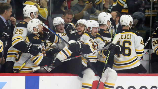 RALEIGH, NORTH CAROLINA - MAY 16: The Boston Bruins celebrate after defeating the Carolina Hurricanes in Game Four to win the Eastern Conference Finals during the 2019 NHL Stanley Cup Playoffs at PNC Arena on May 16, 2019 in Raleigh, North Carolina.