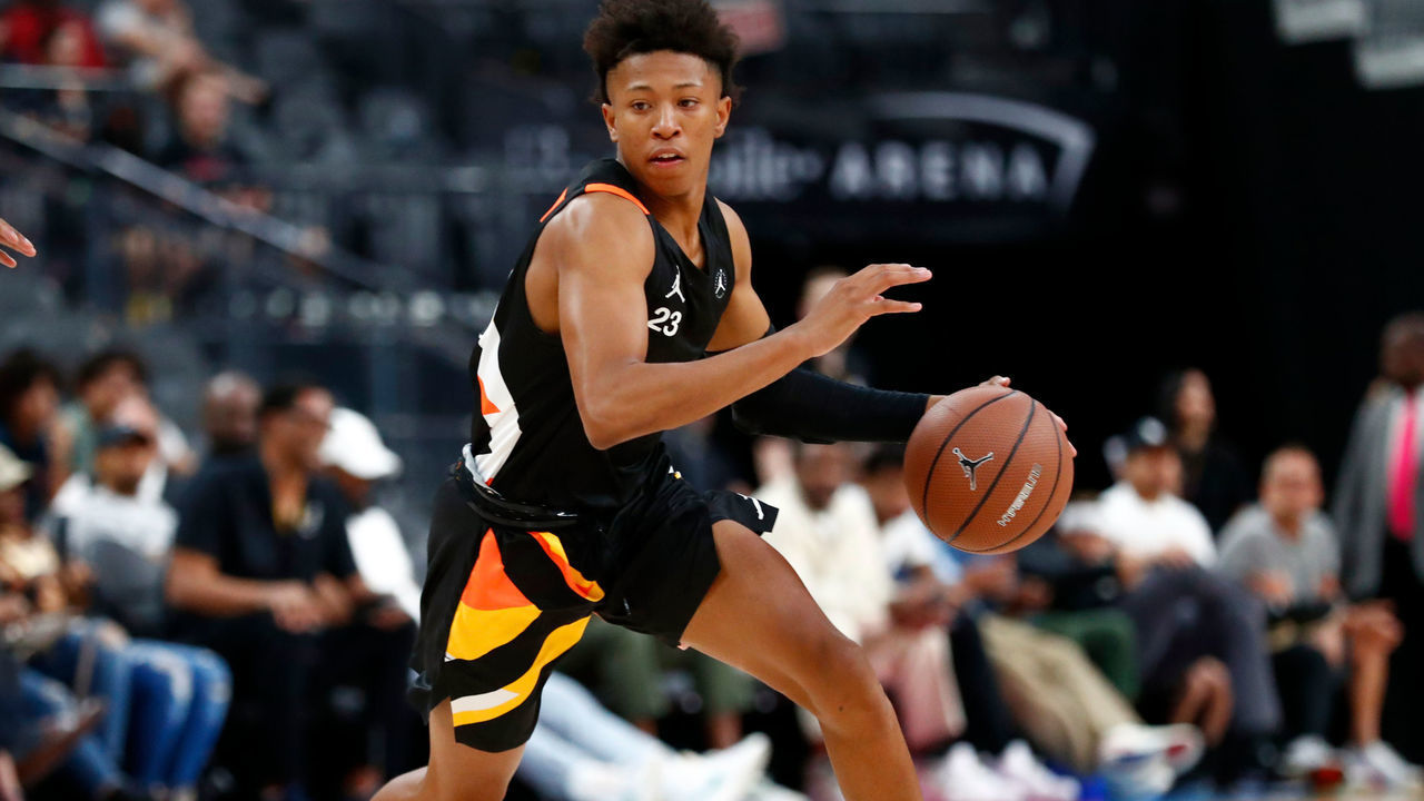 LAS VEGAS, NV - APRIL 20: Rejean Boogie Ellis (23) JBN Away Team combo/guard (Duke signee) dribbles the ball during The 18th Annual Jordan Brand Classic boys basketball game on April 20, 2019 at T-Mobile Arena in Las Vegas, Nevada.