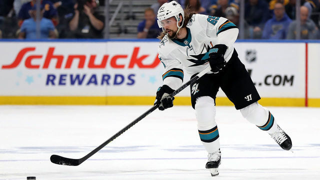 ST LOUIS, MISSOURI - MAY 15: Erik Karlsson #65 of the San Jose Sharks passes the puck against the St. Louis Blues during the first period in Game Three of the Western Conference Finals during the 2019 NHL Stanley Cup Playoffs at Enterprise Center on May 15, 2019 in St Louis, Missouri.