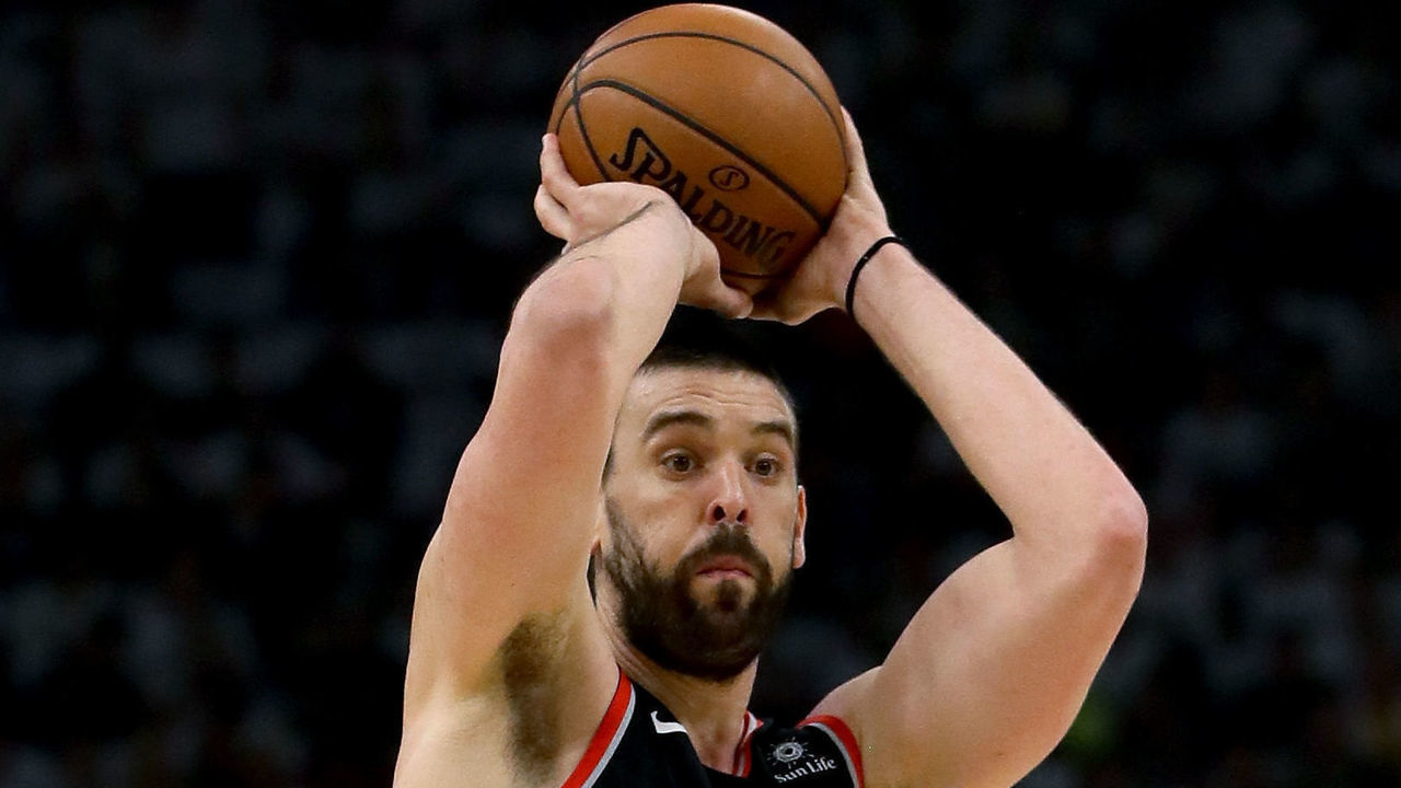 MILWAUKEE, WISCONSIN - MAY 15: Marc Gasol #33 of the Toronto Raptors handles the ball in the first quarter against the Milwaukee Bucks in Game One of the Eastern Conference Finals of the 2019 NBA Playoffs at the Fiserv Forum on May 15, 2019 in Milwaukee, Wisconsin.